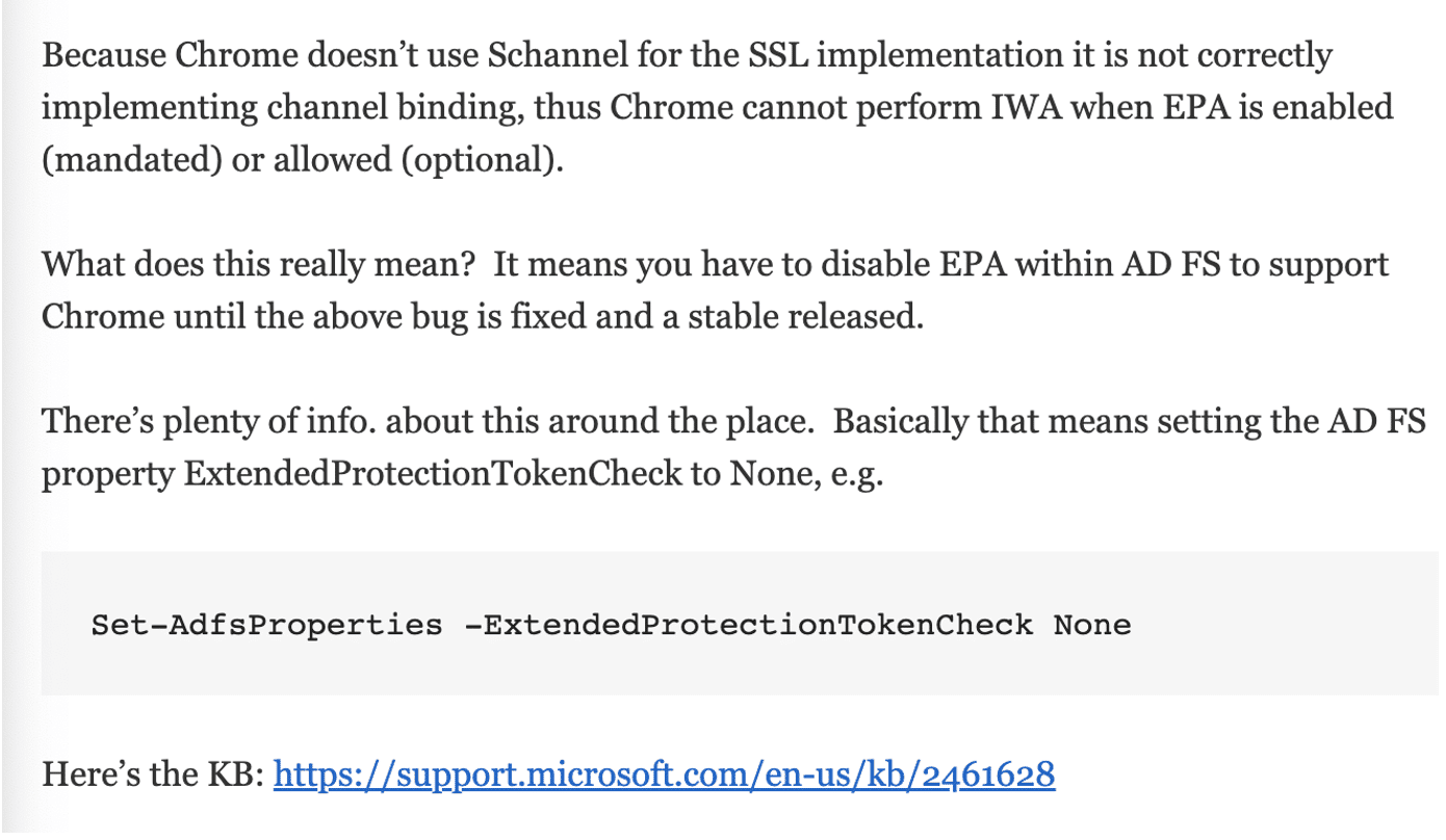 Guidance to disable EPA for ADFS in Google Chrome