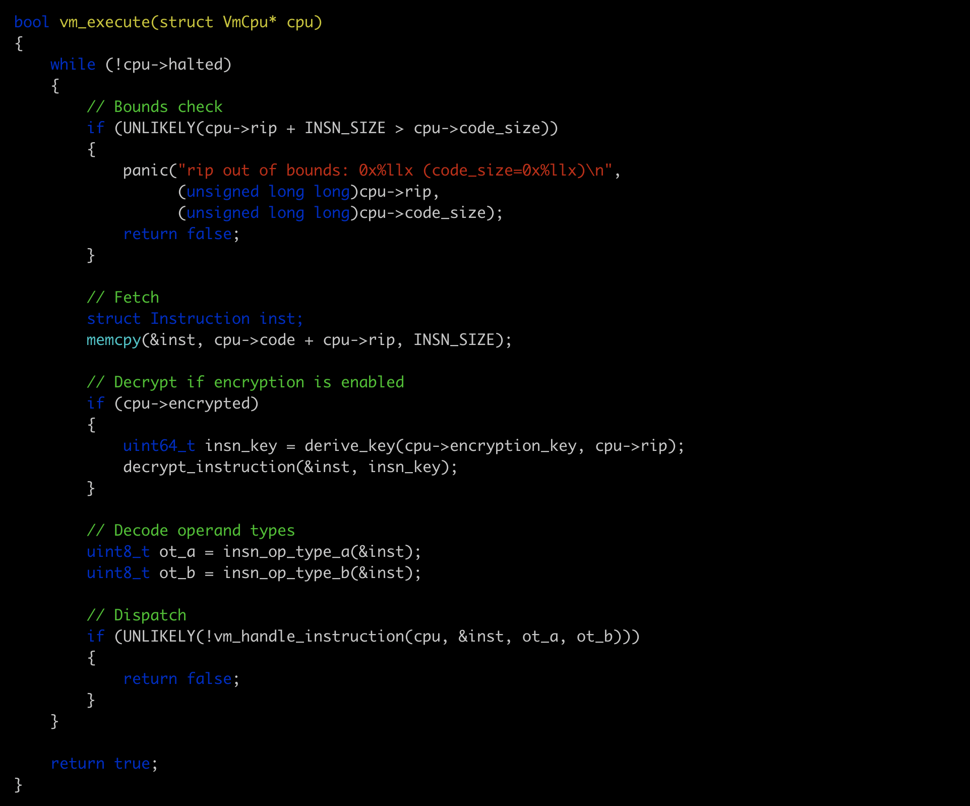 Two-tier execution model: bytecode PE loader maps and links everything else inside the VM