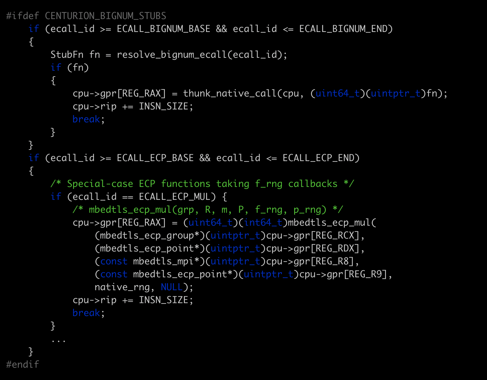 mbedTLS MBEDTLS_ALT hooks used to offload bignum inner loops to a native "crypto coprocessor"