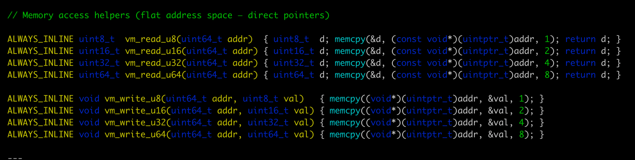Shared memory model: guest pointers are valid host pointers, eliminating the translation layer