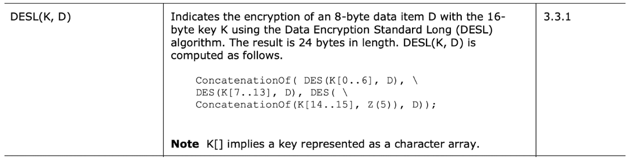 An excerpt from the NTLM specification detailing how the victim's NTLM hash generates three DES keys which then encrypt the same piece of data
