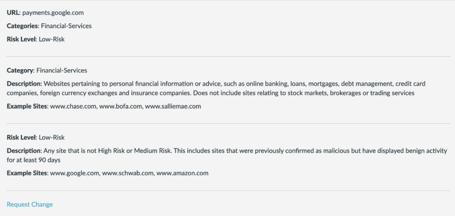 Figure 5: An image showing the payments.google.com domain classified as a financial services site.