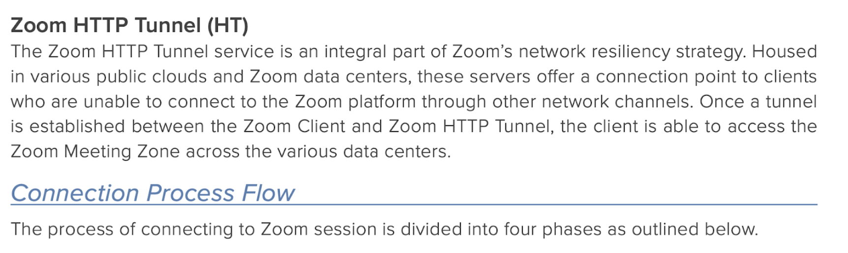 We identified several instances in the Zoom documentation that referenced an HTTP tunneling service that could by clients facing egress restrictions within their environment