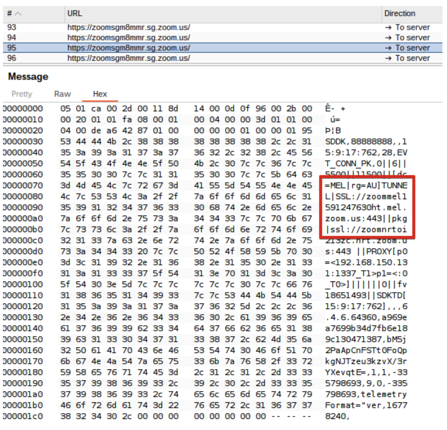 We also observed references to a tunneling service through various responses while observing traffic within the Zoom application such as references to "TUNNEL" and "HT"