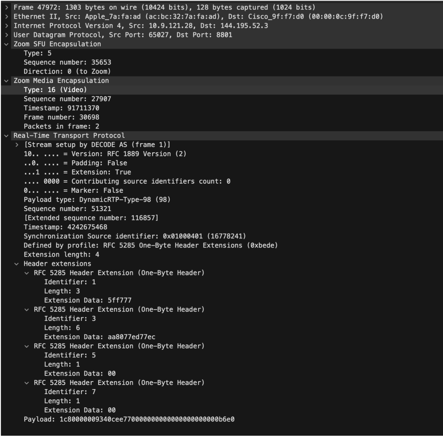 An example UDP packet frame sent by the Zoom meeting client to a backend multi-media router server during a web conferencing call/meeting