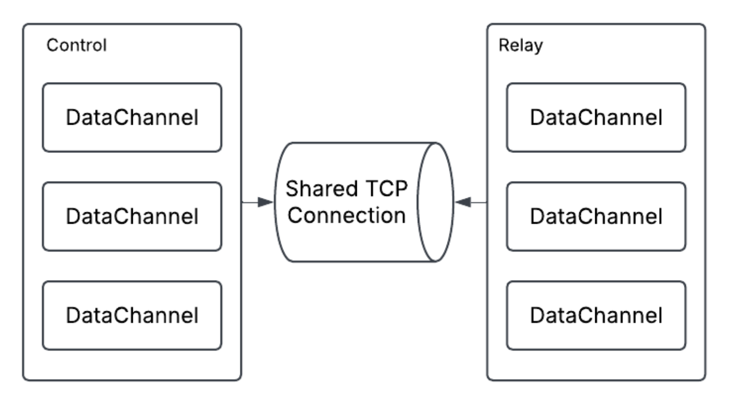An example diagram showing how a single TCP connection stream can be shared across multiple SCTP data channels