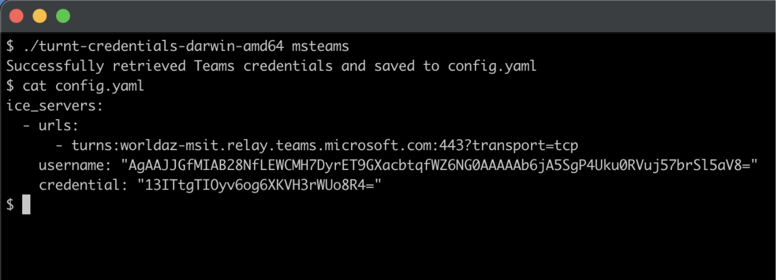 An example usage of the turnt-credential utility for obtaining Microsoft Teams TURN server credentials