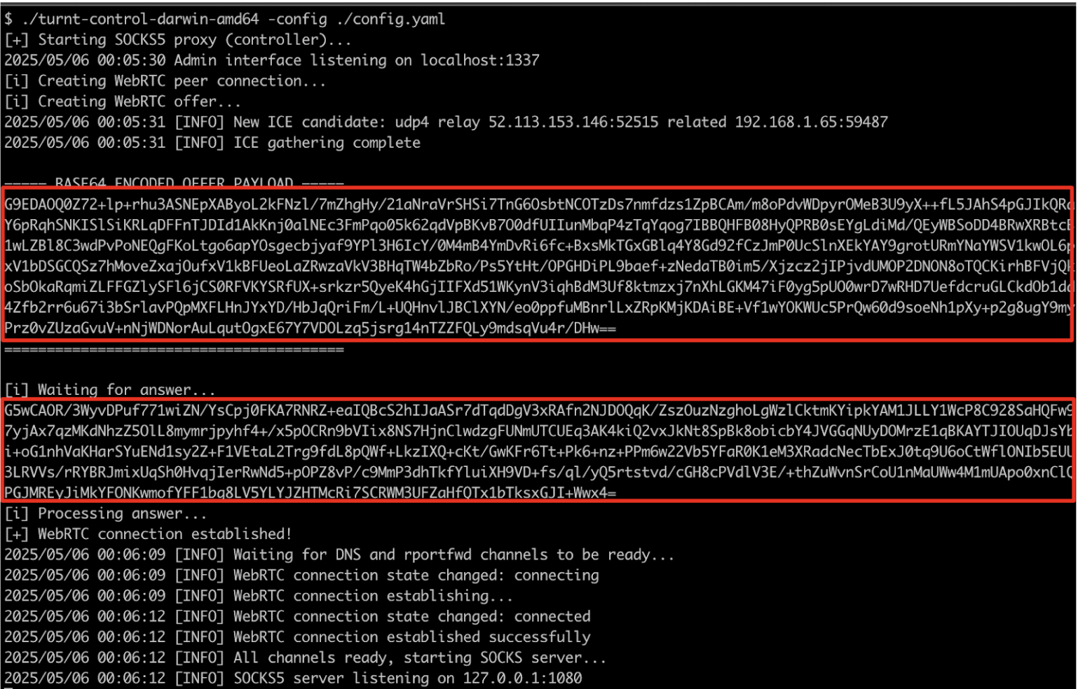 An example usage of the turnt-control utility which is used as a controller component on an operator system and runs as a SOCKS server for use by an operator