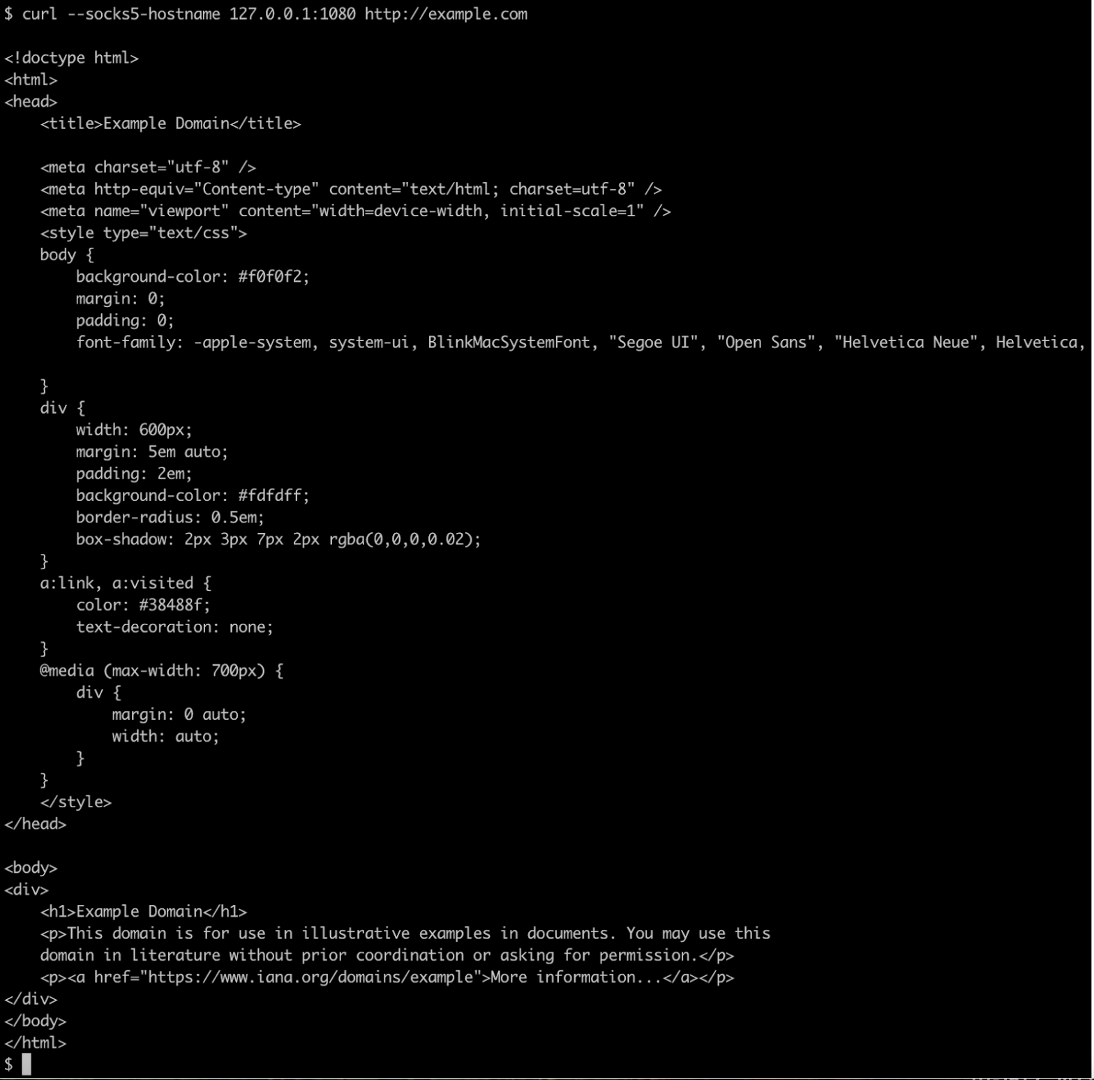 An example screenshot showing how the curl utility can be leveraged to test the SOCKS proxy provided by the TURNt utility