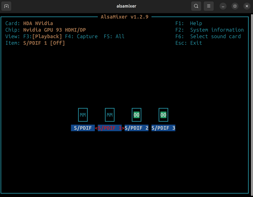 alsamixer utility running