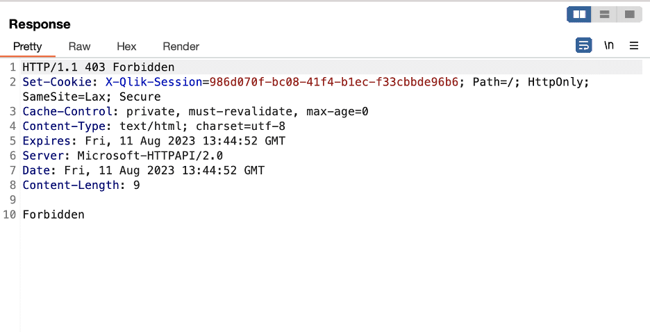 We received a 403 forbidden response when attempting to exploit the /qrs/internal/management/apilogcontext/disable endpoint without a valid session