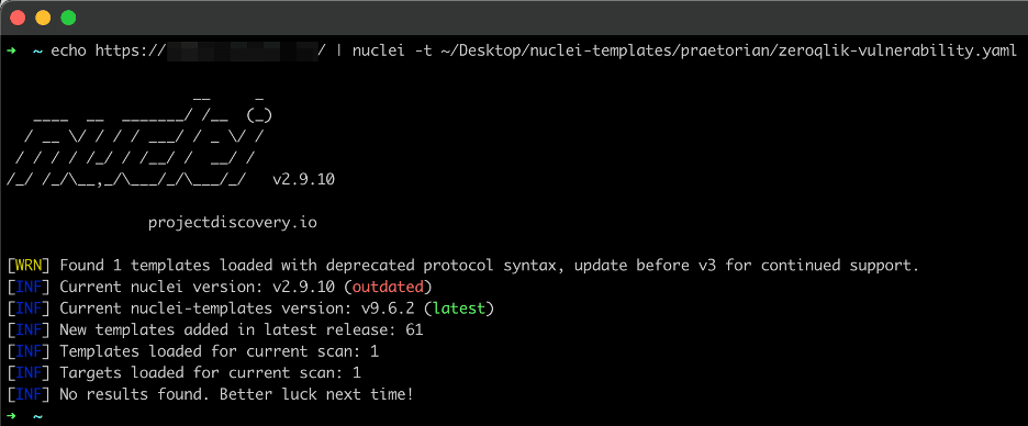 An example output from the Nuclei scanner when the targeted instance is not vulnerable to CVE-2023-41265 and CVE-2023-41266